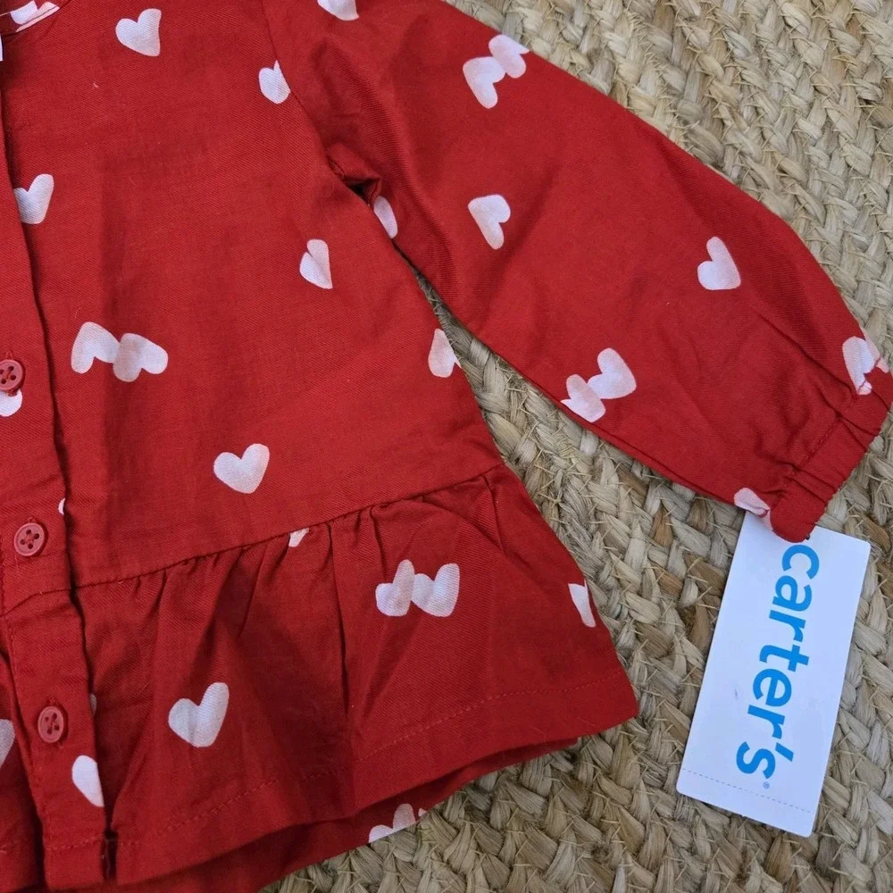 Carter's Baby Girl Size 12 Months 100% Cotton Red Hearts‎ Blouse NWT